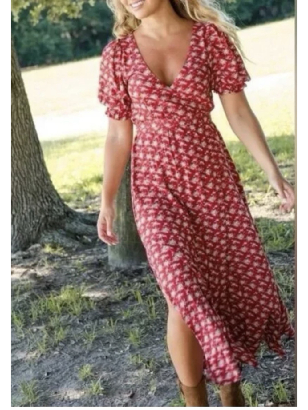 Natural Life Sophia Wrap Maxi Dress Sz Lg Red Floral Boho Cottagecore V-Neck - Picture 3 of 8